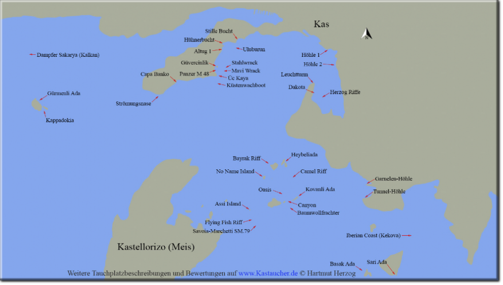 Tauchplatzkarte Kas und Umgebung